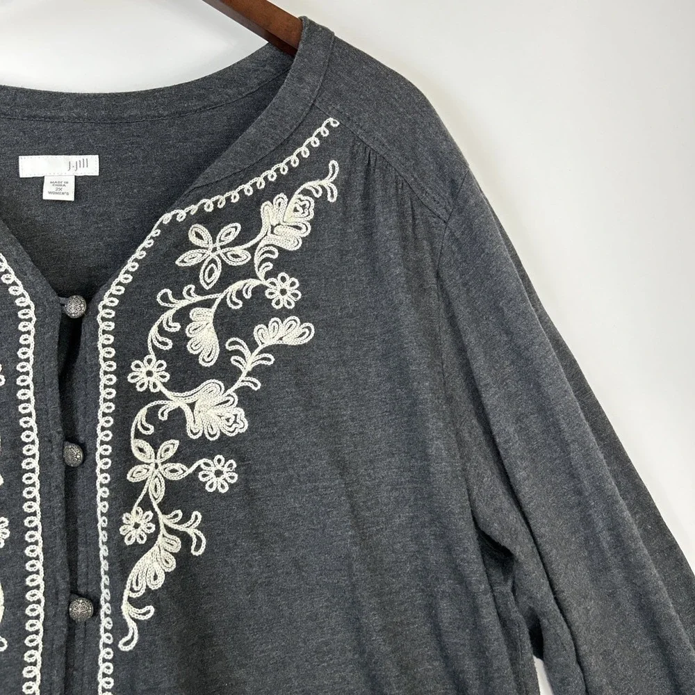 J Jill Womens Embroidered Top Size 2X Gray Button Up Modal‎ Stretchy Basic